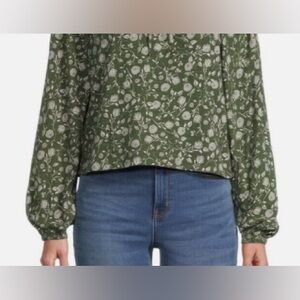 A.N.A. Women's Green Floral Split Tie Neck Long Sleeve Blouse Size Petite Small